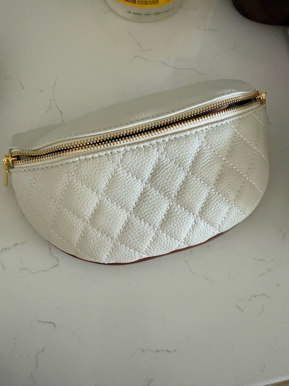 Erowen Quilted White Leather Waist Bag with Gold Zipper & Dust Bag